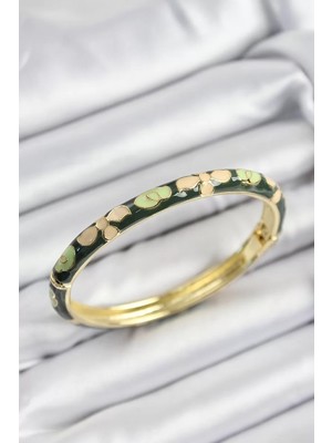 Uravas Store Mineli Pirinç Krem Yeşil Çiçek Motifli Gold Renk Kadın Kelepçe - TJ-BB7400