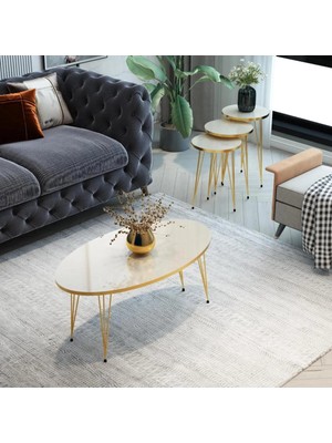 Mooncapella 4’lü Modern Gold Detaylı Metal Ayaklı Orta Sehpa & Zigon Sehpa Seti – Krem