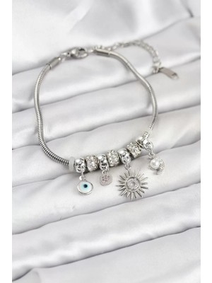 Uravas Store Pirinç Gümüş Renk Güneş Charmlı Kadın Bileklik - TJ-BB8184