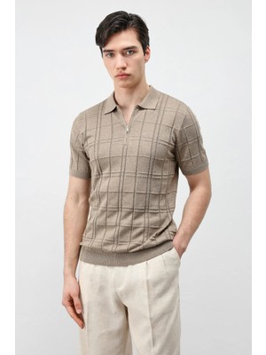 Antioch Bej Kareli Desenli Erkek Triko T-Shirt