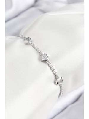 Uravas Store Pirinç Zirkon Taşlı Sıralı Model Gümüş Renk Asansörlü Kadın Bileklik - TJ-BB7728