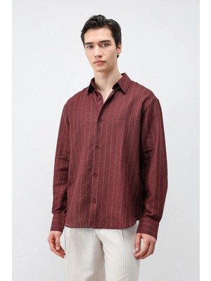 Antioch Bordo Keten Karışımlı Çizgili Erkek Gömlek