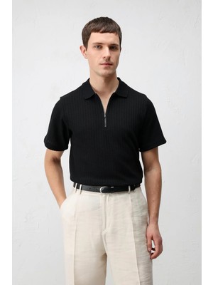 Antioch Siyah Dokulu Örme Polo Yaka Erkek T-Shirt