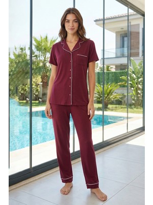 Kadın Penye Kısa Kol Pijama Takımı 3364 Bordo