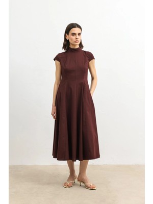 Antioch Bordo Poplin Kadın Midi Elbise