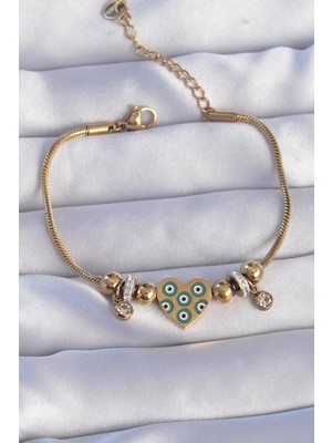 Uravas Store Çelik Gold Renk Zirkon Taşlı Nazarlı Tasarımlı Bileklik - TJ-BB6199