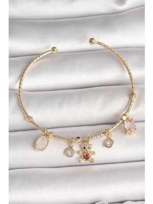 Uravas Store Pirinç Gold Renk Sallantı Zirkon Taşlı Ayıcık Figür Kırmızı Detay Charm Kadın Bileklik -