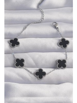 Uravas Store Çelik Gümüş Renk Siyah Mineli Yonca Bileklik - TJ-BB6257