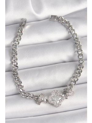 Uravas Store Pirinç Gümüş Renk Zirkon Taşlı Yonca Figür Zincir Model Kadın Bileklik - TJ-BB6819