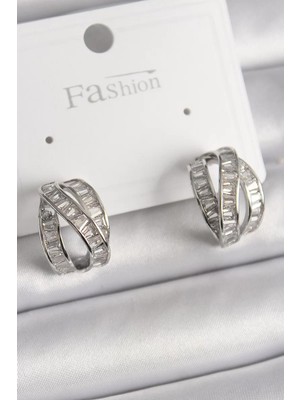 Uravas Store Pirinç Gümüş Renk Zirkon Taşlı Düğüm Halka Model Kadın Küpe - TJ-BKP9944