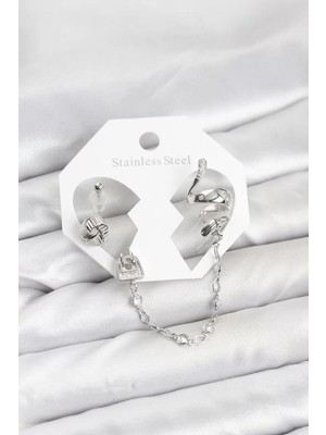 Uravas Store Pirinç Gümüş Renk Yılan Model Zincir Bağlantılı Ear Cuff Küpe Seti - TJ-BKP11533