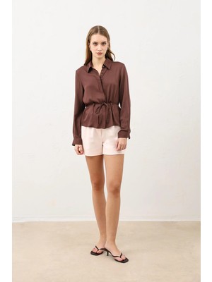 Antioch Kahve Bel Bağlamalı Kadın Gömlek