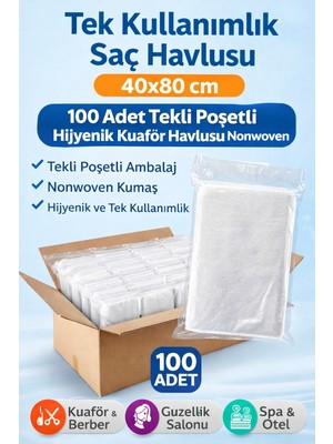 Uravas Store Tek Kullanımlık Saç Havlusu 40X80 cm 100 Adet Tekli Poşetli Hijyenik Kuaför Havlusu Nonwoven