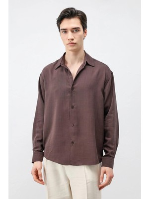Antioch Kahve 100% Lyocell Çizgi Dokulu Erkek Gömlek