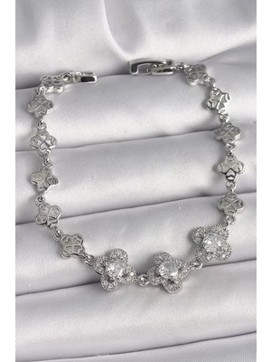 Uravas Store Pirinç Gümüş Renk Zirkon Taşlı Yonca Model Kadın Bileklik - TJ-BB6813
