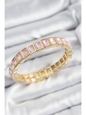 Uravas Store Pirinç Pembe Zirkon Taşlı Dikdörtgen Model Gold Renk Lastikli Kadın Bileklik - TJ-BB7491