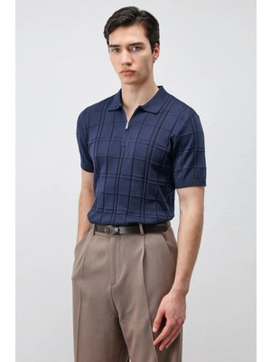 Antioch Lacivert Kareli Desenli Erkek Triko T-Shirt