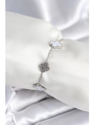 Uravas Store Çelik Zincir Gümüş Renk Zirkon Taşlı Yonca Beyaz Kadın Bileklik - TJ-BB7978