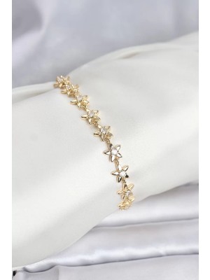 Uravas Store Pirinç Gold Renk Vip Seri Sıralı Taşlı Yıldız Model Zirkon Taşlı Kadın Bileklik - TJ-BB8272