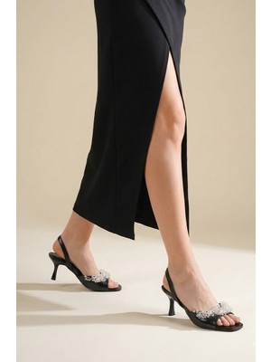 Gökhan Talay Lumira Esnek Yumuşak Kaymaz Taban (4 Cm) Siyah Rugan El Yapımı Şeffaf Boncuk Detaylı Kadın Topuklu Ayakkabı