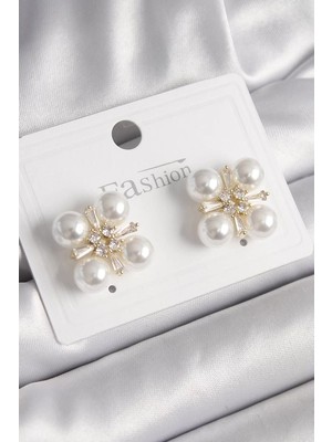 Uravas Store Pirinç Gold Renk Zirkon Taşlı Incili Kadın Küpe - TJ-BKP9947