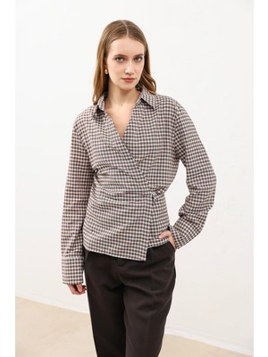 Antioch Kahve Kruvaze Ekoseli Kadın Gömlek