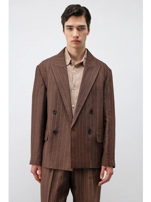 Antioch Kahve Keten Karışımlı Çizgili Erkek Blazer Ceket