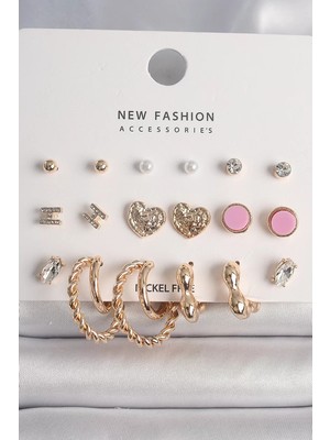 Uravas Store Pirinç Gold Renk Zirkon Taşlı Burug Halka Model Işlemeli Detay 9 Çift Kadın Küpe Seti -