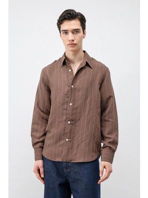 Antioch Kahve Modal Karışımlı Çizgili Erkek Gömlek