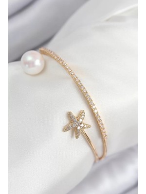 Uravas Store Pirinç Zirkon Taşlı Yıldız Inci Model Gold Renk Kadın Bileklik - TJ-BB7883