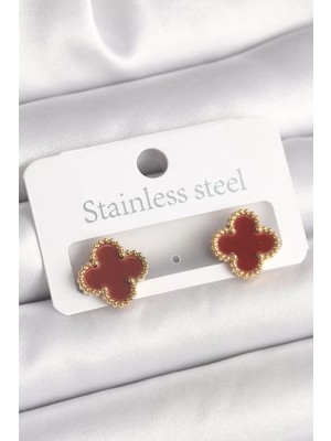 Uravas Store Pirinç Gold Renk Bordo Yonca Model Kadın Küpe - TJ-BKP10360