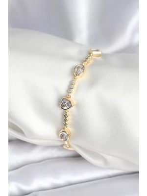 Uravas Store Pirinç Gold Renk Zirkon Taşlı Kalpli Model Kadın Bileklik - TJ-BB7967