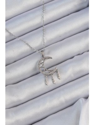 Uravas Store Çelik Zincir Gümüş Renk Işlemeli Zirkon Taşlı Ay Kolye - TJ-BKO9172