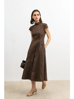 Antioch Kahve Poplin Kadın Midi Elbise