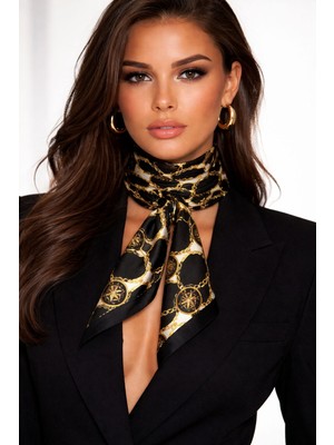 Mavi Masal Siyah Zincir Desenli Tropikal Kadın Fular