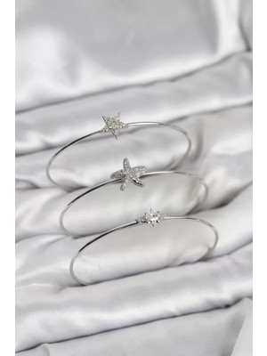 Uravas Store Gümüş Renk Zirkon Taşlı Deniz Yıldızı Model 3'lü Kadın Bileklik Kombini - TJ-BB8356