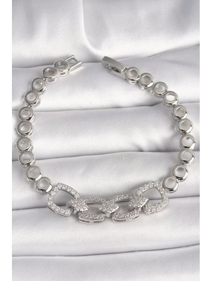 Uravas Store Pirinç Gümüş Renk Zirkon Taşlı Daire Zincir Model Kadın Bileklik - TJ-BB6843