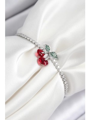 Uravas Store Pirinç Zirkon Taşlı Kiraz Model Gümüş Renk Asansörlü Kadın Bileklik - TJ-BB7454