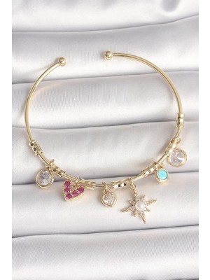 Uravas Store Pirinç Gold Renk Zirkon Taşlı Sallantı Kutup Yıldız Figür Inci Detay Charm Kadın Bileklik - TJ-BB68