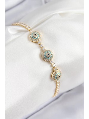 Uravas Store Pirinç Zirkon Taşlı Nazar Model Gold Renk Kadın Bileklik - TJ-BB7705