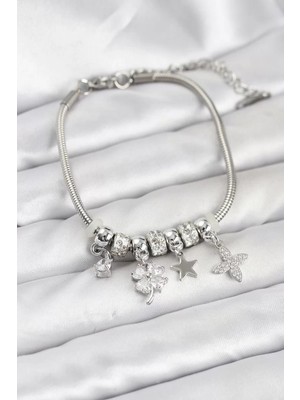 Uravas Store Gümüş Renk Pirinç Yonca Charmlı Kadın Bileklik - TJ-BB8202