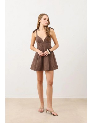 Antioch Kahve Askılı Kadın Mini Elbise