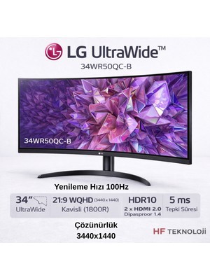Lg Ultrawide  34" 5 Ms Wqhd Curved 100 Hz Monitör+ Dısplay Port  Kablo Hediye