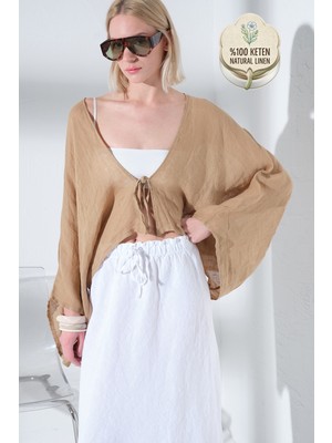 Maule %100 Keten Yarasa Kol Bağcıklı Rahat Kalıp Kimono Bluz @kinos