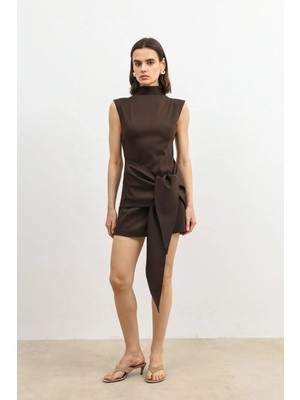 Antioch Koyu Kahve Kuşaklı Kadın Mini Elbise