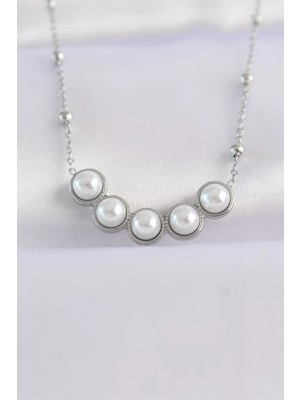 Uravas Store Çelik Zincir Gümüş Renk Sıralı Inci Taşlı Kolye - TJ-BKO8654