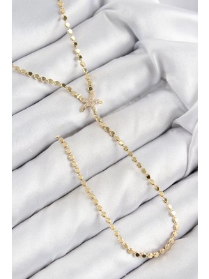 Uravas Store Pirinç Zirkon Taşlı Ezme Zincirli Deniz Yıldızı Model Gold Renk Y Kolye - TJ-BKO10467