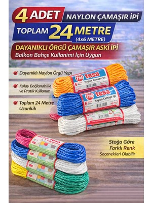 Uravas Store 4 Adet Naylon Çamaşır Ipi 6 Metre Dayanıklı Örgü Çamaşır Askı Ipi Toplam 24 Metre