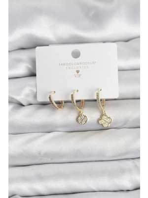 Uravas Store Pirinç Gold Renk Yonca Model 3'lü Kadın Küpe Seti - TJ-BKP11445