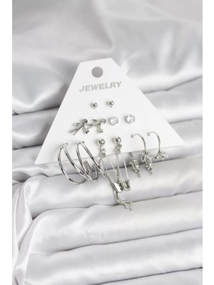 Uravas Store Pirinç Gümüş Renk 6'lı Kadın Küpe Seti - TJ-BKP11329